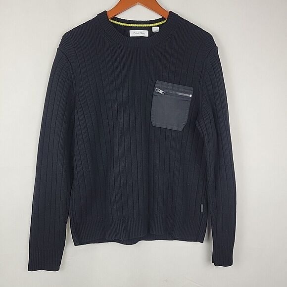 Calvin Klein Sweater Mens Large Slim Fit Black Wool Blend Ribbed Commando Crew - Picture 3 of 12